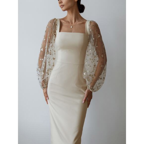 Lichi Tulle Sleeve Cream Midi Dress - Picture 1 of 14